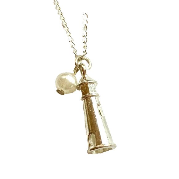 Nautical Pearl Lighthouse Charm Necklace Silver Plated Pendant 22" Chain - Picture 2 of 8